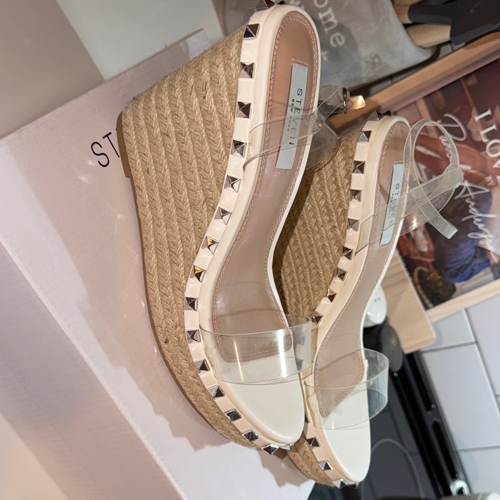 Steven New York Clear & White Wedge Sandals 8